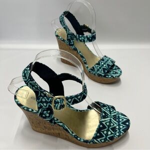CHRISTIAN SIRIANO Wonens Teal and Gold S 8 Cork Wedge High Heel summer Sandal